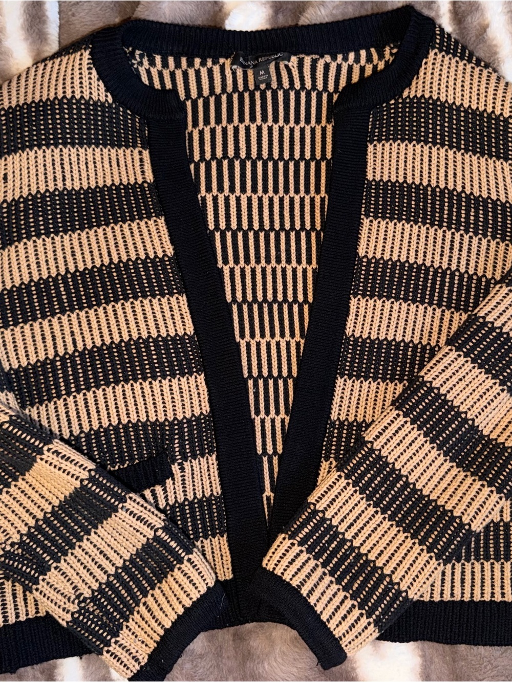 Banana Republic 
Black and Beige Striped Open-Front Cardigan